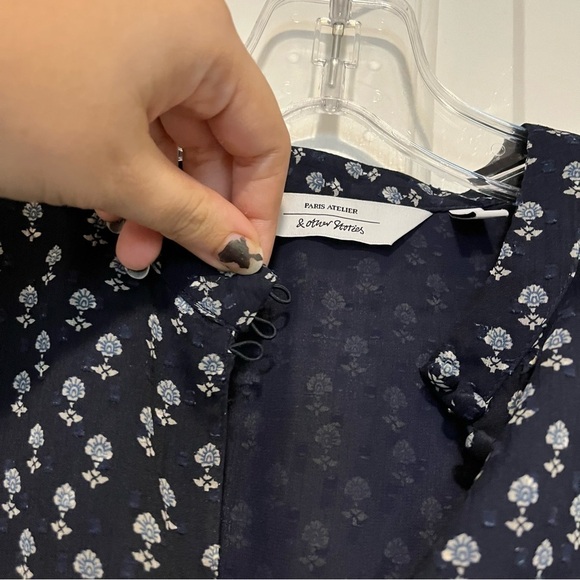 & Other Stories Micro Floral Pleated Mini Dress Navy Blue Size 6 AA - Picture 3 of 7